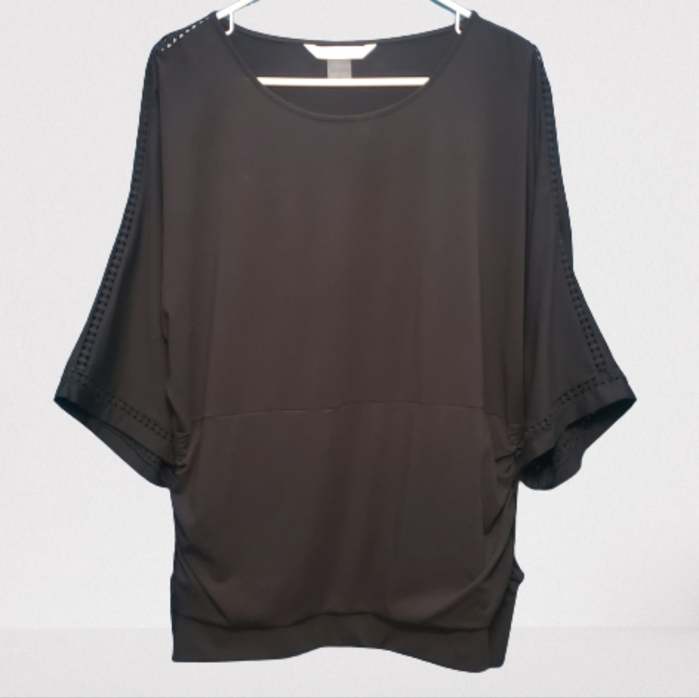 Peter Nygard 2X Shirt Ruched Side Crochet 3/4 Sleeves Round Neck